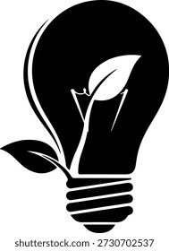 Una bombilla negra con una hoja creciendo en el interior, simbolizando el crecimiento y la naturaleza de una manera creativa e innovadora sobre un fondo blanco puro