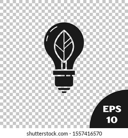 Black Light bulb with leaf icon isolated on transparent background. Eco energy concept. Alternative energy concept.  Vector Illustration