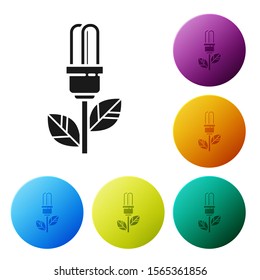 Black Light bulb with leaf icon isolated on white background. Eco energy concept. Alternative energy concept. Set icons colorful circle buttons. Vector Illustration