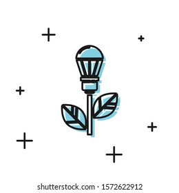 Black Light bulb with leaf icon isolated on white background. Eco energy concept. Alternative energy concept.  Vector Illustration