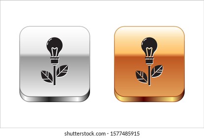 Black Light bulb with leaf icon isolated on white background. Eco energy concept. Alternative energy concept. Silver-gold square button. Vector Illustration