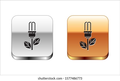 Black Light bulb with leaf icon isolated on white background. Eco energy concept. Alternative energy concept. Silver-gold square button. Vector Illustration