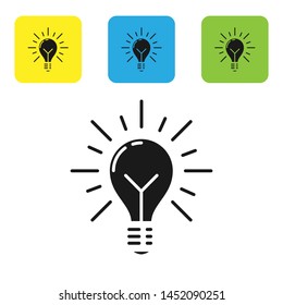 Black Light bulb with rays shine and concept of idea icon isolated on white background. Energy and idea symbol. Inspiration concept. Set icons colorful square buttons. Vector Illustration