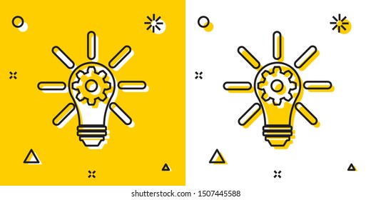 Black Light bulb with rays shine and gear inside icon isolated on yellow and white background. Innovation concept. Random dynamic shapes. Vector Illustration
