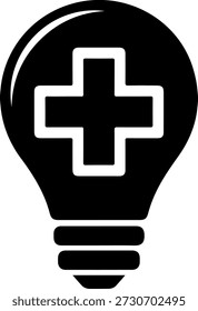 Lâmpada preta com uma cruz branca no interior, colocada sobre um fundo branco puro, simbolizando ideias médicas ou de saúde.