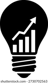 A black light bulb with a white graph and upward trend arrow inside on a pure white background, symbolizing ideas and growth.