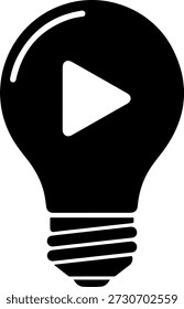Uma lâmpada preta com um botão branco de reprodução em um fundo branco puro, representando os conceitos de mídia e entretenimento.