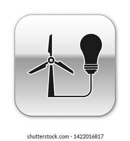 Black Light bulb with wind turbine as idea of eco friendly source of energy icon isolated on white background. Alternative energy concept. Silver square button. Vector Illustration