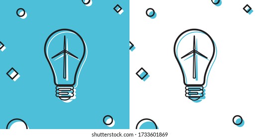 Black Light bulb with wind turbine as idea of eco friendly source of energy icon isolated on blue and white background. Alternative energy concept. Random dynamic shapes. Vector Illustration