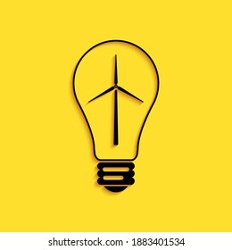 Bombilla negra con turbina eólica como idea de una fuente de energía ecológica aislada en el fondo amarillo. Concepto de energía alternativa. Estilo de sombra larga. Vector.