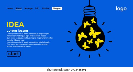 Black light bulb with yellow moths and butterflies on a blue background. Web banner template 