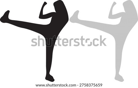 A black and a light gray silhouette of a young boy standing in profile with arms outstretched horizontally on a plain white background.