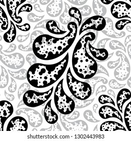 Black, light grey and white paisley print, a seamless pattern on the white background. Minimalistic dotted textile design. Vector drawing repeat pattern of teardrop-shaped motifs. Endless wallpaper. 