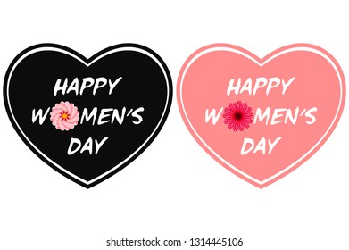 Black and light pink hearts with pink flower happy International Women's Day isolated on white background