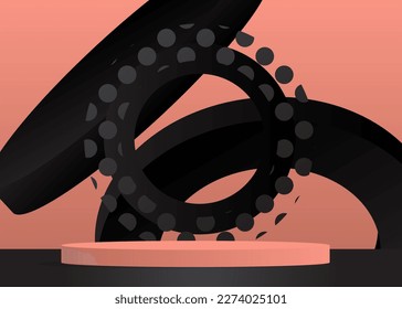 Black and Light Red Cylinder stage showcase. Realistic pedestal podium for presentation. 3D vector room mockup. Abstract minimal geometric product display forms, empty scene.
