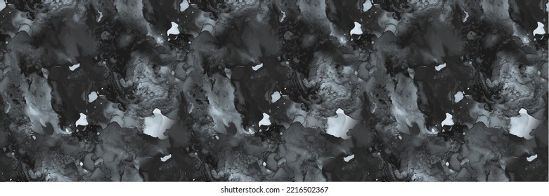 Black Light Texture. Moderne abstrakte Vorlage. Grauer dunkler Stein. Fluid-Vektor-Splash. Schmutzige Marmorwand aus Wasser. Graue Marmorfarbe Wasser. Schwarzer, nahtloser Hintergrund. Metallalkohol, Tintenfisch, Hintergrund.