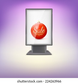 Black lightbox with Red Christmas tree ball and advertising. Christmas sale