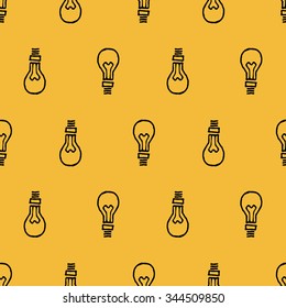 Black lightbulb hand drawn seamless pattern, yellow background