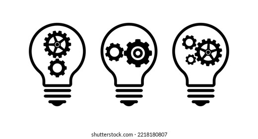 Black lightbulb icons on white background. Gear bulb logo, technology industry, thin line web symbol.