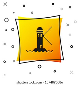 Black Lighthouse icon isolated on white background. Yellow square button. Vector Illustration
