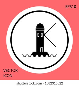 Black Lighthouse icon isolated on red background. White circle button. Vector Illustration