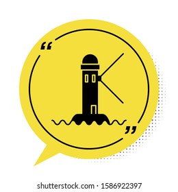 Black Lighthouse icon isolated on white background. Yellow speech bubble symbol. Vector Illustration