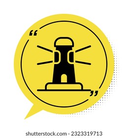 Black Lighthouse icon isolated on white background. Yellow speech bubble symbol. Vector