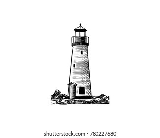 Black Lighthouse on the Beach Illustration Hand Drawing Logo Vector