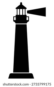 Black lighthouse silhouette coastal navigation symbol marine safety signal maritime beacon icon on white background