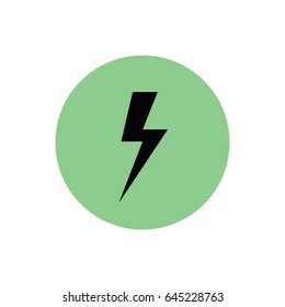 Black lighting bolt vector icon. Thunderbolt symbol. Weather forecast. Green button. Green circle