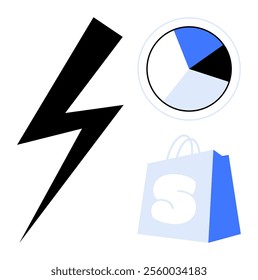 Black lightning bolt, blue and white pie chart, blue and white shopping bag positioned on white background. Ideal for business, e-commerce, marketing, data analysis, graphic design. Modern, clean