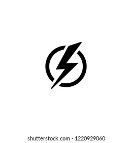 Black lightning bolt in circle simple flat icon. storm or thunder and lightning strike sign isolated on white. High electricity voltage symbol. Vetor illustratiion