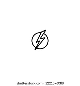 Black lightning bolt in circle simple flat icon. storm or thunder and lightning strike sign isolated on white. High electricity voltage symbol. Vetor illustratiion