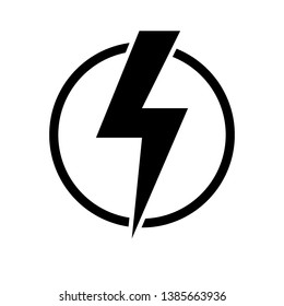 Black lightning bolt in circle simple flat icon. storm or thunder and lightning strike sign isolated on white. High electricity voltage symbol. Vetor illustratiion