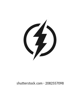 Black lightning bolt in circle simple flat icon. storm or thunder and lightning strike sign isolated on white. High electricity voltage symbol. Vetor illustratiion