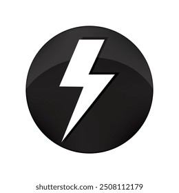 Black lightning bolt. Circular glossy icon. Power symbol. Vector illustration.