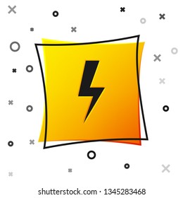 Black Lightning bolt icon isolated on white background. Flash icon. Charge flash icon. Thunder bolt. Lighting strike. Yellow square button. Vector Illustration