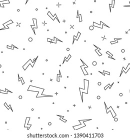 Black Lightning bolt icon isolated seamless pattern on white background. Flash icon. Charge flash icon. Thunder bolt. Lighting strike. Vector Illustration