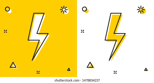 Black Lightning bolt icon isolated on yellow and white background. Flash icon. Charge flash icon. Thunder bolt. Lighting strike. Random dynamic shapes. Vector Illustration