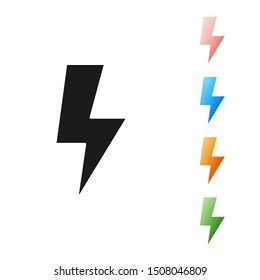 Black Lightning bolt icon isolated on white background. Flash sign. Charge flash icon. Thunder bolt. Lighting strike. Set icons colorful. Vector Illustration