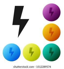 Black Lightning bolt icon isolated on white background. Flash sign. Charge flash icon. Thunder bolt. Lighting strike. Set icons colorful circle buttons. Vector Illustration