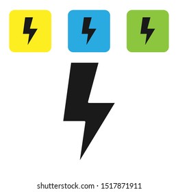 Black Lightning bolt icon isolated on white background. Flash sign. Charge flash icon. Thunder bolt. Lighting strike. Set icons colorful square buttons. Vector Illustration