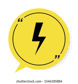Black Lightning bolt icon isolated on white background. Flash icon. Charge flash icon. Thunder bolt. Lighting strike. Yellow speech bubble symbol. Vector Illustration