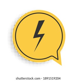 Black Lightning bolt icon isolated on white background. Flash icon. Charge flash icon. Thunder bolt. Lighting strike. Yellow speech bubble symbol. Vector.