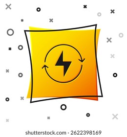 Black Lightning bolt icon isolated on white background. Flash sign. Charge flash icon. Thunder bolt. Lighting strike. Yellow square button. Vector