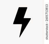 Black lightning bolt icon on a white background. Simple lightning bolt design. Bold, striking lightning bolt symbol. Minimalist lightning bolt graphic. User interface icon vector.