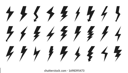 Black lightning bolt icon set. Empty silhouette design for logotype electricity. Glyph flash pictograms for sign charge or voltage, thunder and lightning strike. Isolated on white vector illustration