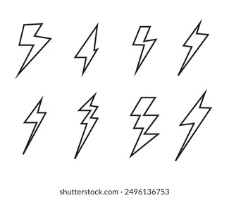 Black lightning bolt icon set. Empty silhouette design for logotype electricity. Glyph flash pictograms for sign charge or voltage, thunder and lightning strike. Isolated on white vector illustration