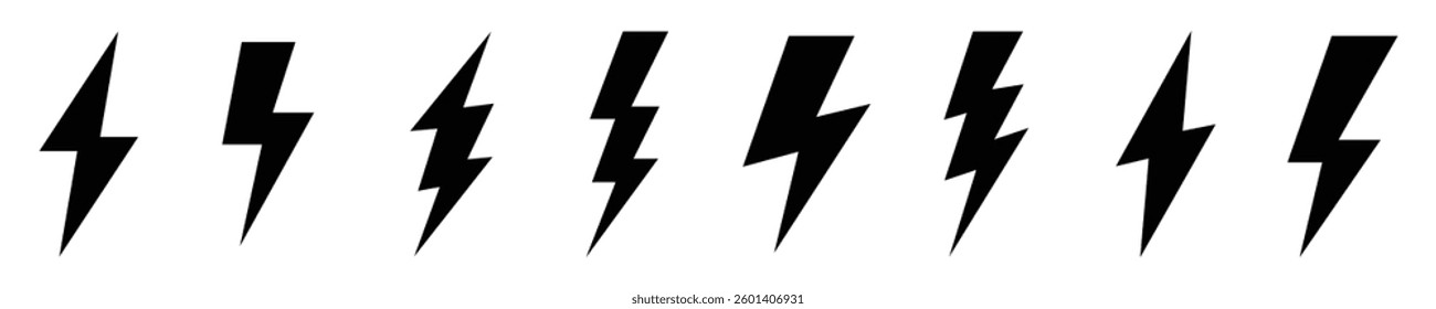 Black lightning bolt icon set, electric energy symbol, power strike vector, thunderbolt silhouette, high-voltage sign, electricity flash symbol, energy graphic, isolated lightning design