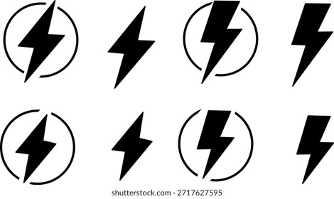 Black lightning bolt icon set with circle and standalone symbols. Bold electric power signs ideal for energy, charging, electricity, and tech designs.